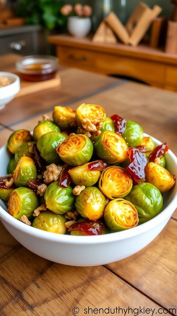 Honey Glazed Brussels Sprouts in Air Fryer Honey glazed Brussels sprouts in a bowl, garnished with walnuts, on a wooden table.